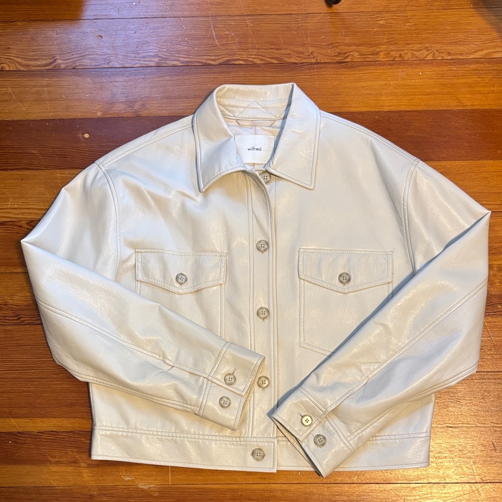 Wilfred Aritzia Cream Faux Leather Button-Up Jacket